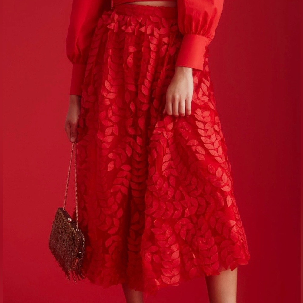 Anthropologie Sunday In Brooklyn Dimensional Petal Skirt Red Maxi XS NWT